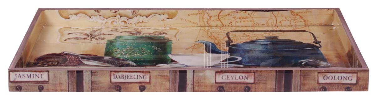 Buy in Bulk Wholesale Serving Tray in MDF - 12” Hand-Crafted Multicolored - Decorative Tray with Enamelled Tea-Set Scene - Classic Serve-Ware/Decor/Gifts from India